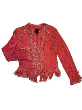 NIC+ZOE Coral Pink Fringe Trim Open Front Textured Knit Jacket Size XS